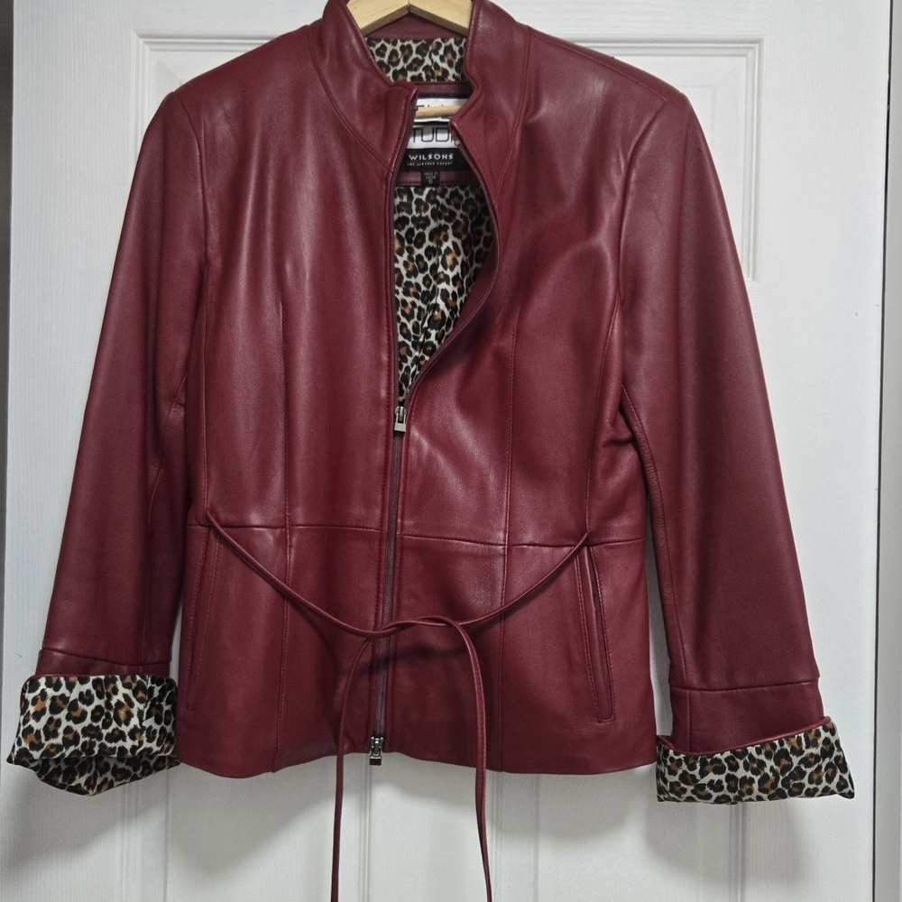 Pelle Studio Red Leather Jacket with Leopard Print Accents